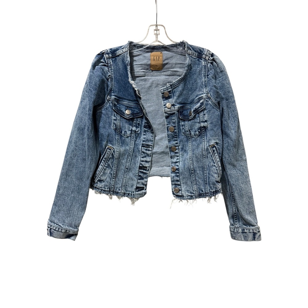 GAP Womens XS Puff Sleeve Collarless Denim Jacket Light Wash Raw Hem C